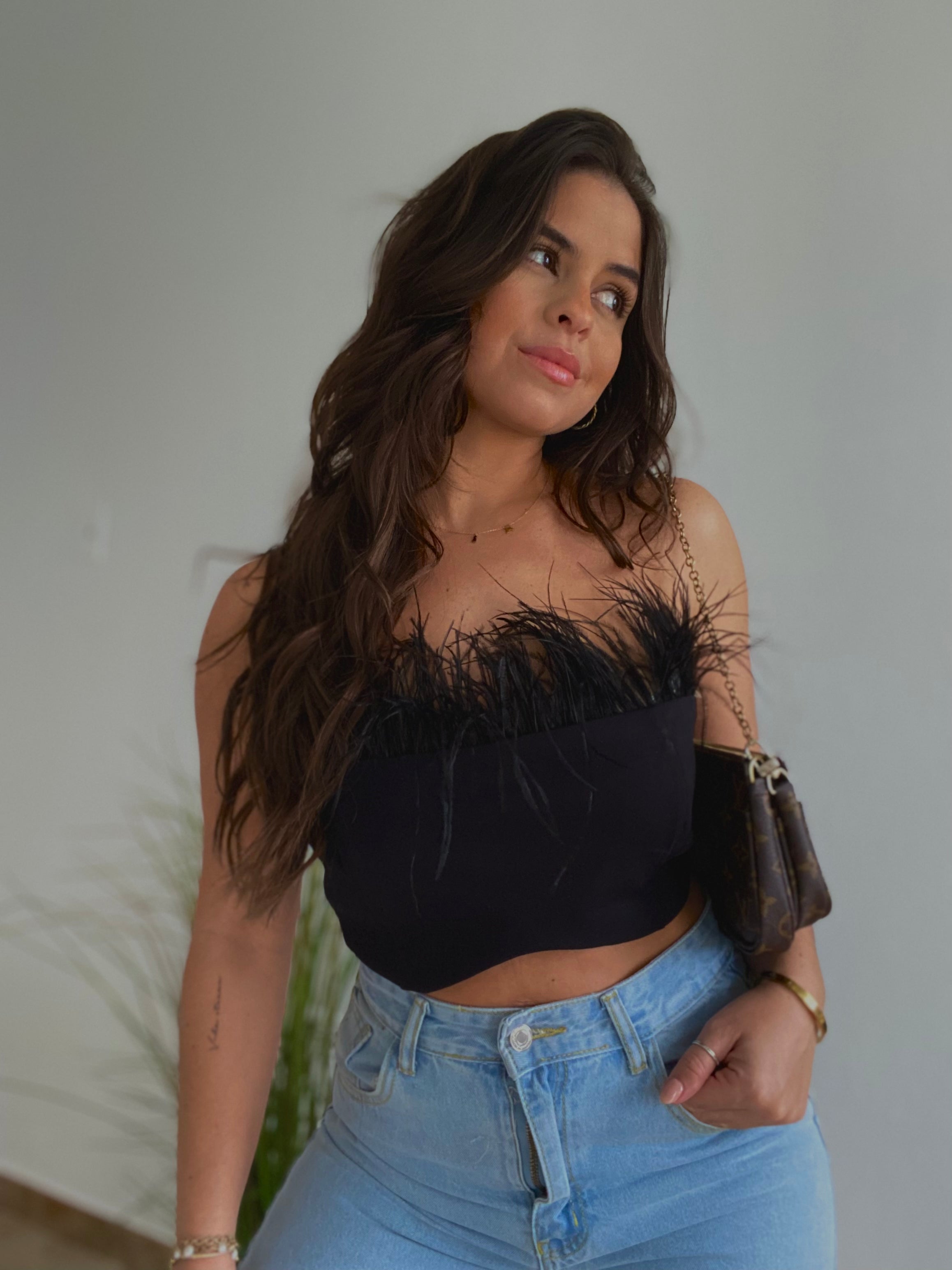 Feathers crop top strapless